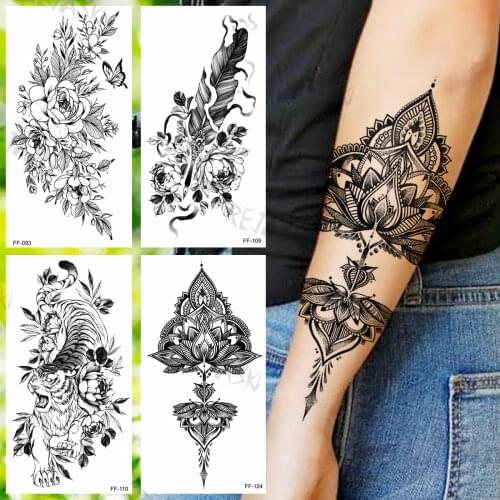 Tribal Henna Temporary Tattoos For Women Girls Realistic Feather Tiger Butterfly Flora Fake Tattoo Sticker Sexy Arm Leg Tatoos