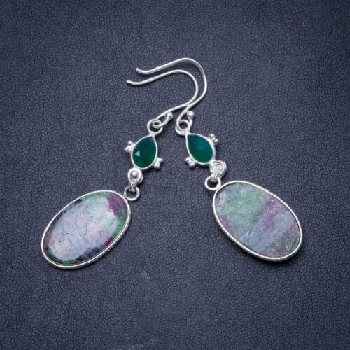 Natural Ruby Zoisite and Chrysoprase Handmade Unique 925 Sterling Silver Earrings 2.25" Y1463