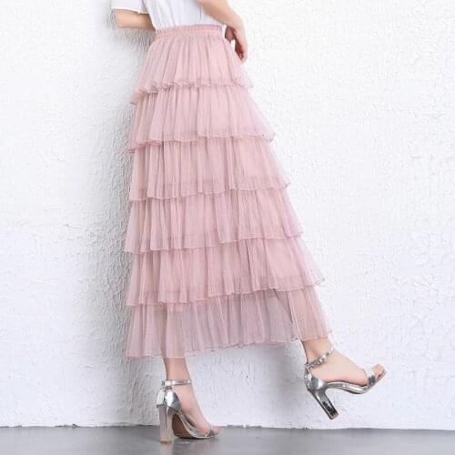 Mesh Skirt Girl Long Maxi Skirts Femme Elegant Long Tulle Skirt Women Pink Black Princess Tiered Skirts Female Lace
