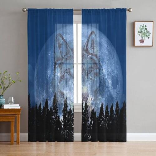 Animal Wolf Night Moon Forest Silhouette Curtains Tulle For Living Room Bedroom Kitchen Chiffon Sheer Window Treatment Decor