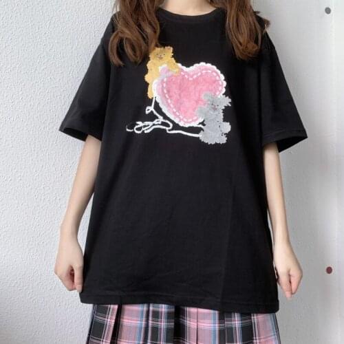 OLOMLB Loose Short-Sleeved Womens T-Shirt Japanese Preppy Style Bear Printing Top Summer All-Match Vintage Clothing For Girls