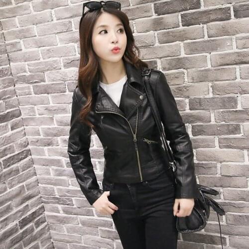 Women Faux Leather Elegant Zipper Basic Jacket Women Outwear Solid Slim Long Sleeve Turn-down Collar Fashion Short Jacket