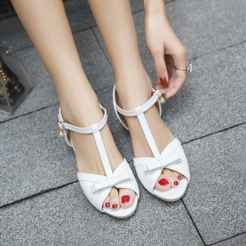 YMECHIC Summer 2020 Chunky Heels Womens Shoes Bowtie Peep Toe T Strap Sweet Sandals Women Low Heel Party Shoe Plus Size 34-43