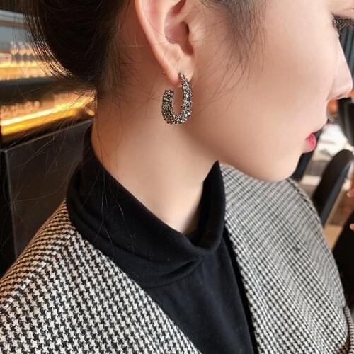 TIMEONLY Retro Black Crystal C Shape Earrings for Women Mujer Gold Color Metal Circle Open Hoop Earrings Vintage Party Jewelry