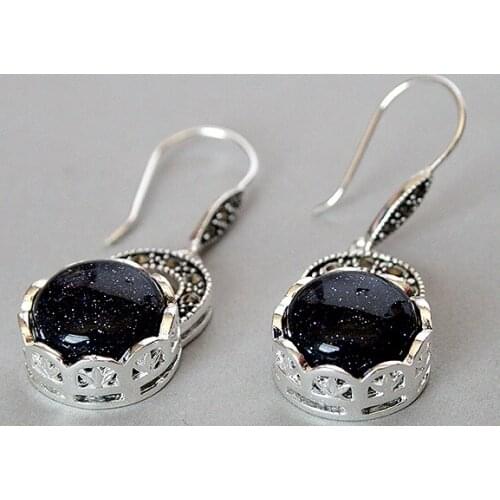 Charm ladys 925 Sterling Silver blue sand jade Marcasite Earrings 14/5" REAL Natural