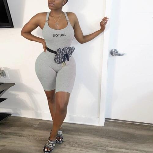 Backless One Piece Women Rompers Ribbed Bodycon Sleeveless Workout Playsuits Fashion Letter Embroidery Sporty Outfit