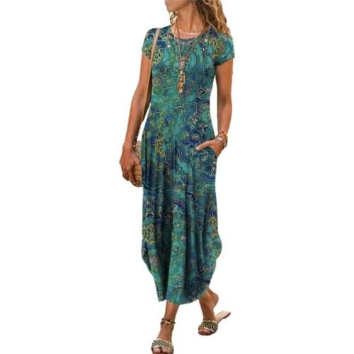 Summer Women Long Dress Round Neck Short Sleeve Pockets Fashion Loose Casual Maxi Dress Vintage Floral Print Maxi Dress Party