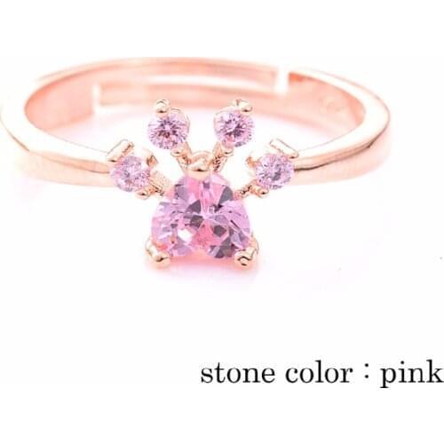 Pink Cute Cat Dog Bears Paw Rings For Women Animal CZ Heart Stone Rose Gold Color Resizable Wedding Rings