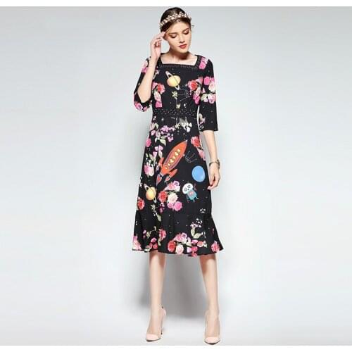 2020 summer Newest Cute Style Dress Long Sleeve Square Collar Trumpet Fishtail Diamonds Print Rocket Long Dress Women