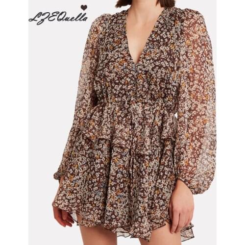 Women Ruffles Chiffon Dress Summer V Neck Sundress High Waist Floral Printing Pleated A line Short Mini Dresses Vestidos NZ3830