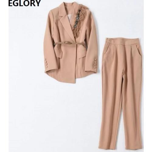 Top Quality Designer Clothing Sets 2020 Autumn Blazer Set Woman Beading Lace Deco Blazer Jacket+Skinny Pants & Capris Sets 2 pc