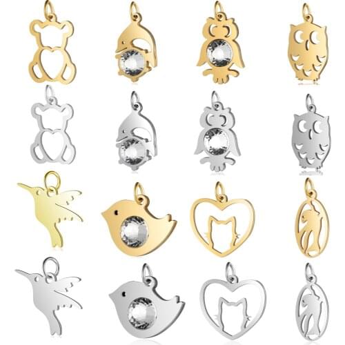 5pcs/lot Night Owl Dog Paw DIY Charms Wholesale Stainless Steel Dolphin Bird Cat Pendant Feather Hummingbird Connectors Charm
