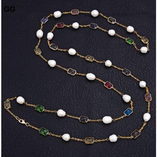 GuaiGuai Jewelry Natural Pearl 64'' White Rice Pearl Crystal Gold Color Chain Necklace