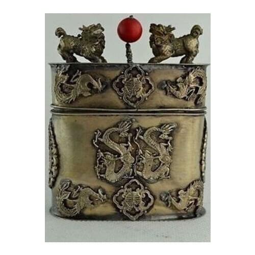 Exquisite Collectibles Handwork Copper Carving Kylin Dragon Phoenix Tobacco Box