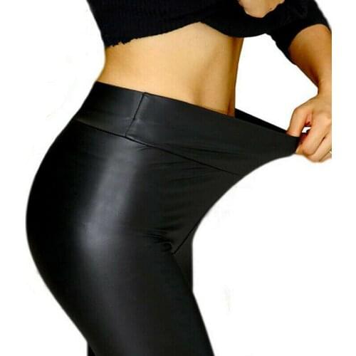 NORMOV Women Faux Leather Sexy Thin Black Leggings High PU Leather Waist Leggings Stretchy Push Up Slim Leggins