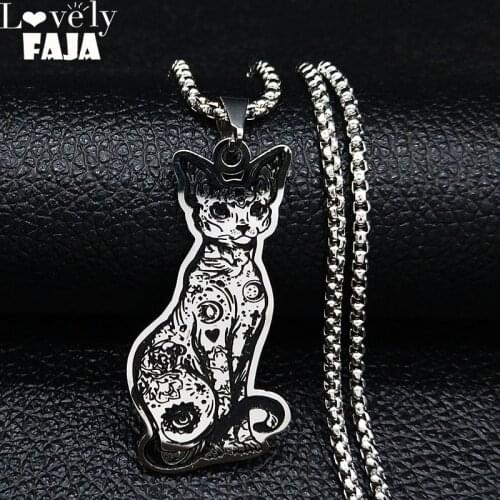 Fashion Canadian Hairless Sphynx Cat Stainless Steel Necklace Pendant Jewelry For Women Girls Bijoux Pet Gift N3254S03