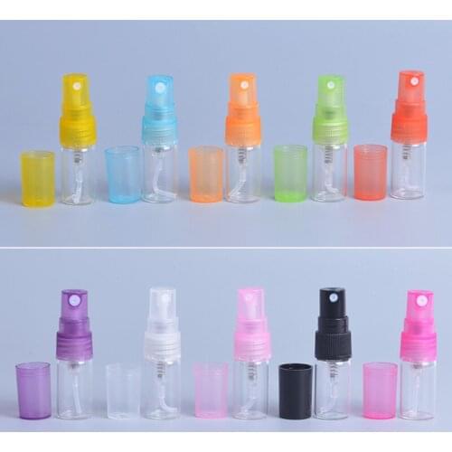 MUB - 2ML 100pcs/lot Portable Glass Perfume Bottle With Plastic Spray Empty Perfume Case Multicolor Mini Perfume Bottle Vials