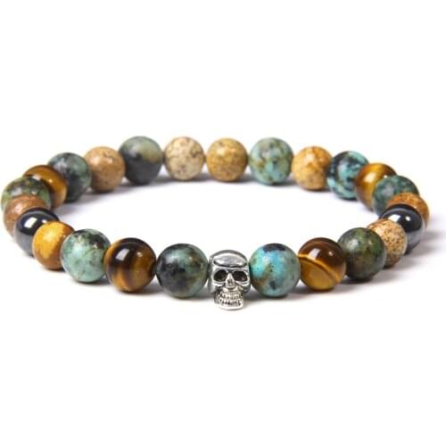Silver Color Skull Charm Bracelets Men Fashion Goth Handmade Elastic Bracelet Jewelry Women Protection Energy Tiger Eye Pulsera