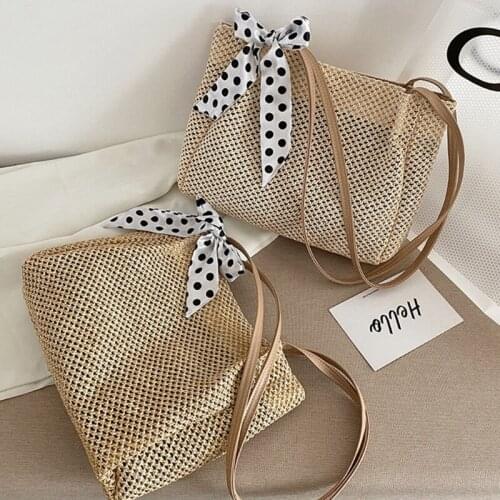 N7MF Womens Straw Handbags Large Summer Beach Tote Woven Square with Silk Ribbon Handle Purse Shoulder Bag Vocation Handbag