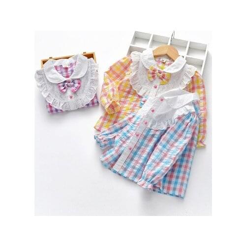 2019 New Spring Autumn Girls Plaid Shirt Korean Female Baby Lace Collar Shirt Foreign Long-sleeved Shirt Toddler Lovely Blouse