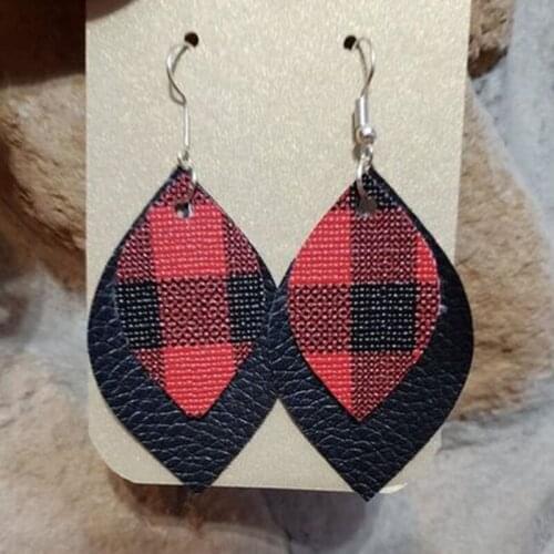 New! Double Layer Buffalo Plaid Chunky Faux Leather Earrings Layered Fashion Striped Teardrop Leaf Earrings Valentine‘s Gifts