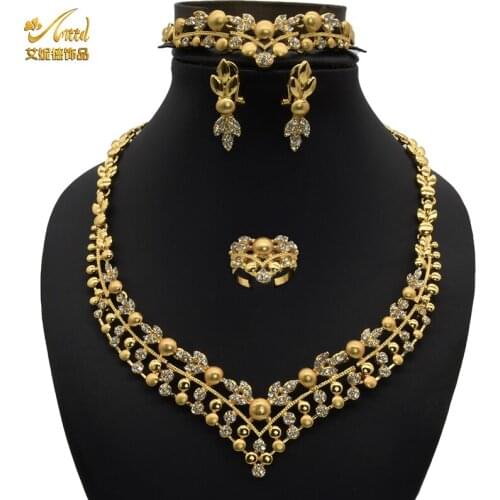 Necklace Sets For Women Earrings Indian Jewelery Set Bridal Gold Rings African Bracelet Beads Accessories Wedding Gift Plated