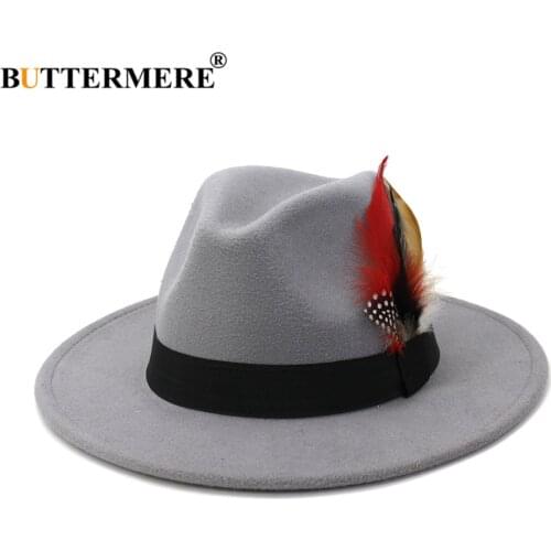 Gray Wide Brim Wool Felt Fedora Panama Hat with Feather Men Women Hat Jazz Trilby Cap Party Church Formal Top Hat