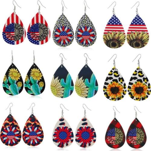 National Day Sunflower Art Painted Drop Earrings for Women Stars and Stripes Theme Vegan Leather Earrings Independence Jewelry