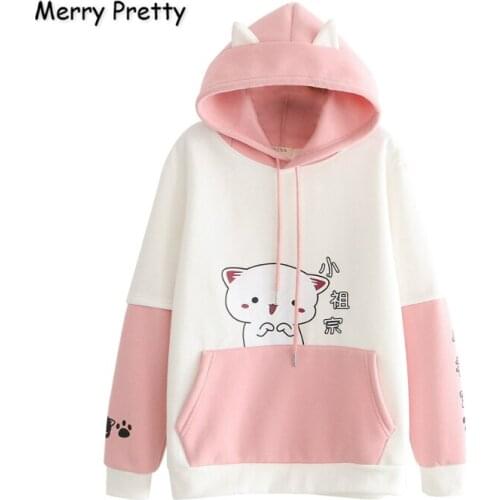 MERRY PRETTY Womens Hooded Sweatshirts Cartoon Cat Print Funny Hoodies Winter Plus Velvet Pullovers Femme Drawstring Tracksuit