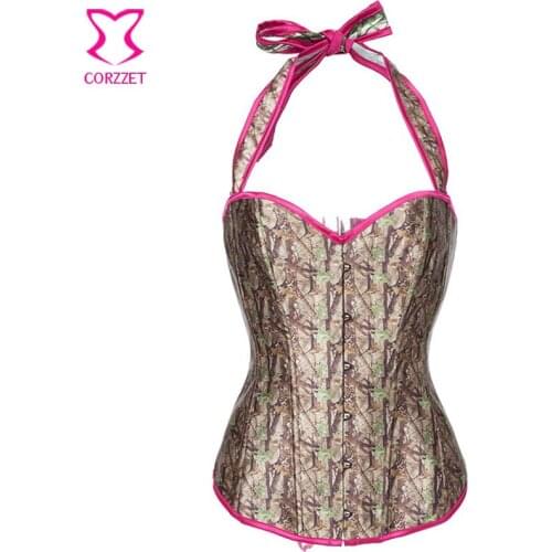 Corzzet Bown Printed Satin Halter Corset Tops Cheap Korsett For Women Bustier Sexy Corselet Feminino Corpetes E Espartilhos