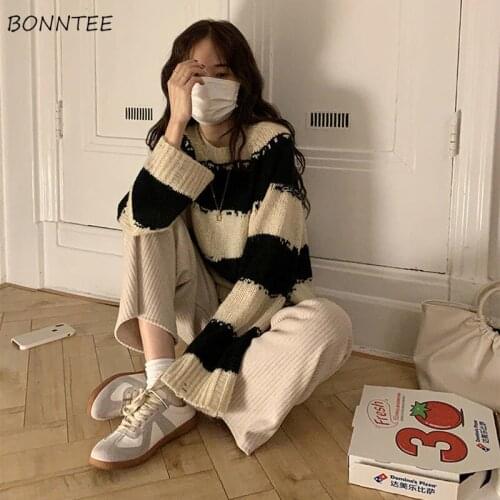 Women Sets Autumn 2 Piece Striped O-neck Loose Flare Sleeve Simple Pullovers Solid Wide Leg Full Length Casual Pants Chic Korean