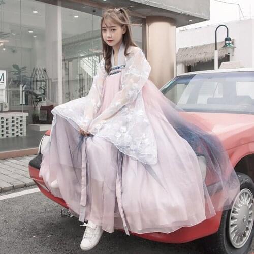Chinese womens embroidered lace large sleeve shirt set Chinese style super immortal gradually large swing skirt summer