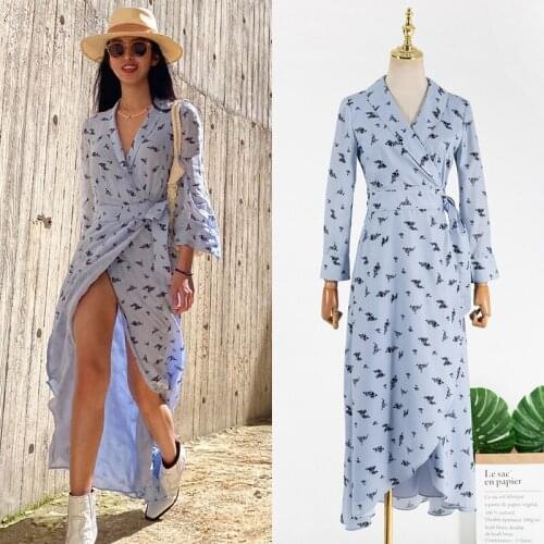 Kpop TWICE EXO IU Seo Yea Ji summer fashion V-neck long-sleeved irregular dress women Beach wind party sexy lace-up slit dresses
