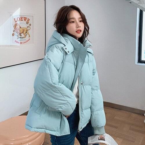 Winter Short Puffer Jacket Women Loose Hooded Femme Parkas Women Jacket with Zipper Oversize Solid Stand Collar Woman Coat