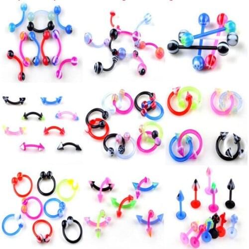 110pcs mix 11styles fashion body piercing jewelry flaxible barbell acrylic ball/cone tongue rings labret lip eyebrow belly rings