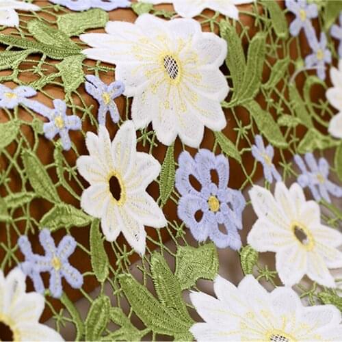 130CM Wide Water Soluble Green-White Flower Embroidery Lace Fabric for Dress Clothes E363