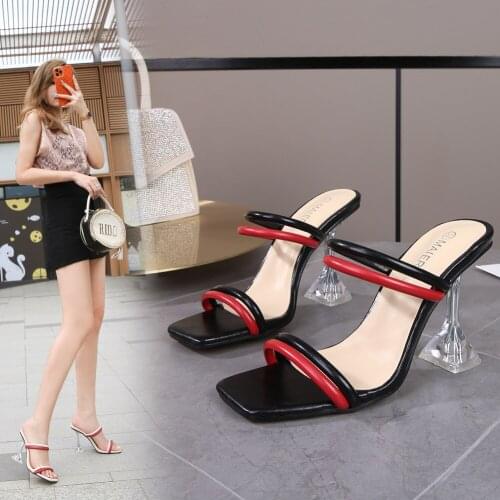 One word with color-blocking sandals combination fairy style candy color with open-toe high-heeled sandals for women plus size45