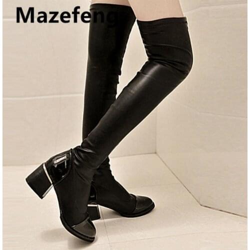 Mazefeng Size 35-40 Spring Over The Knee Boots Women Stretch PU Thigh High Sexy Woman Shoes Long Bota Feminina Zapatos De Mujer