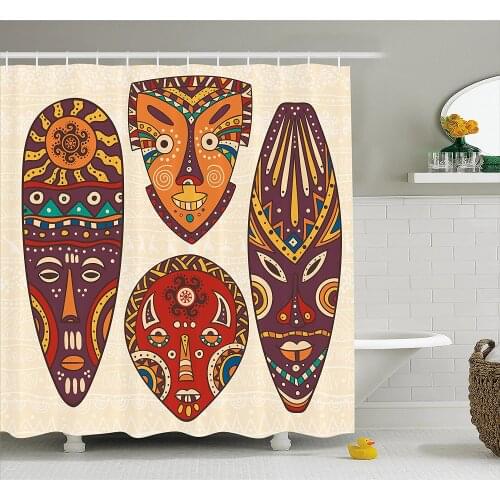 Tiki Bar Decor Shower Curtain Decorative Mask African Aborigine Art Cultural Ethnic Print Bath Curtains For Bathroom Bathtub