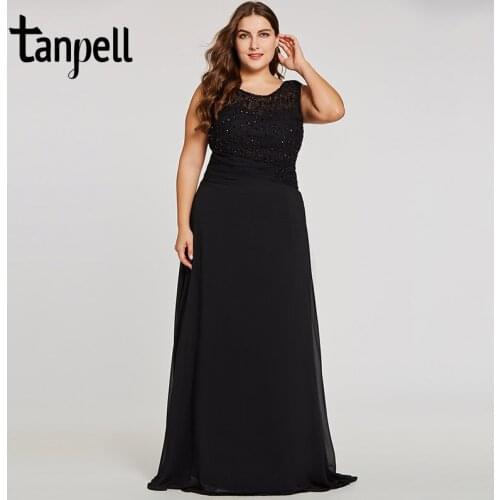 Tanpell long plus evening dress black scoop sleeveless appliques a line floor length gown beaded lace up formal evening dresses