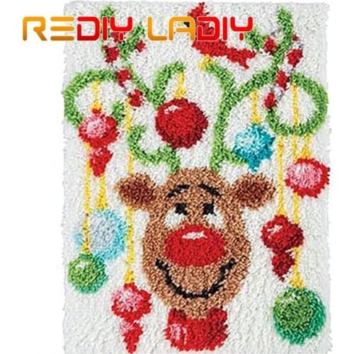 Latch Hook Rug Kit Crocheting Carpet Rug Christmas Deer Acrylic Yarn Pre-Printed Canvas Cushion Mat Crochet Tapestry Sofa Decor