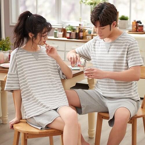 Summer Couple Sleepwear Man Pajamas Set Women Pijamas Cotton Sleep Tops Shorts Cartoon pyjama homme pijama mujer Freeship 2021