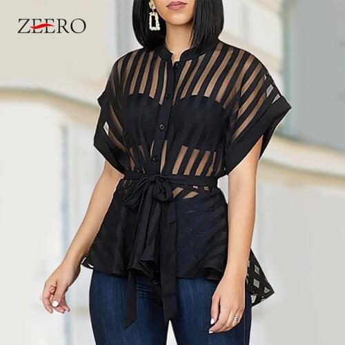 Summer Women Sexy Perspective Stripped Ruffles Mesh Blouse Shirts Elegant Female Vintage Black Casual Sashes Shirt Tops Blusas