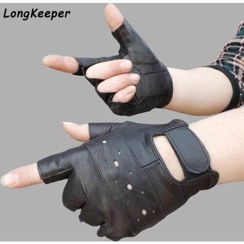 Longkeeper Men Genuine Leather Gloves Sport Driving Slip-resistant Luvas Half Finger Sheep Leather Fingerless Gym Fitness Gloves
