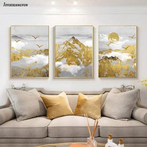 Nordic Golden Abstract Snow Mountain Canvas Poster Wall Art Print Painting Nordic Style Landscape Wall Picture Living Room Decor