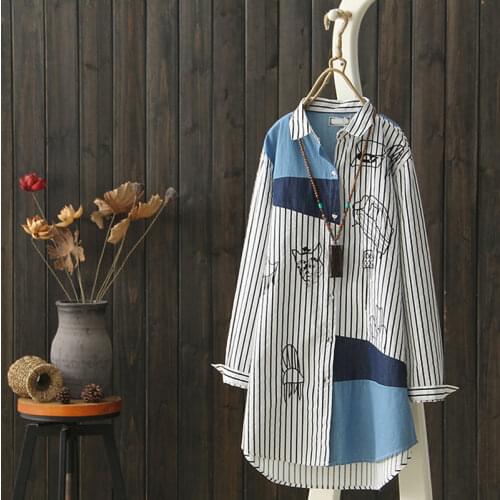 2020 New 100% Cotton Women Blouse And Shirts Turn-Down Collar Long Striped Embroidery Loose Lady Shirts Outwear Coat Tops