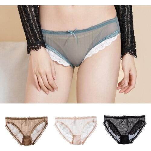 New Product Japanese Light Net Gauze Sweet and Sexy Low-waist Lingerie Hollow Lace-trimmed Briefs Transparent Solid Color Mini