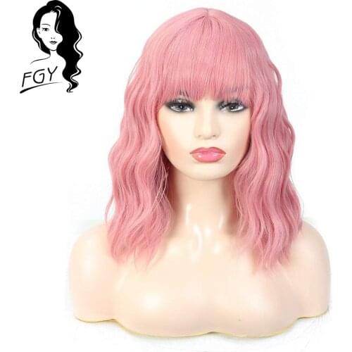 FGYWIGS 14 Inch Pink Lady With Bangs Short Bob Curly Hair Wig Black Pink Cosplay White Heat-Resistant Synthetic Natural Wig