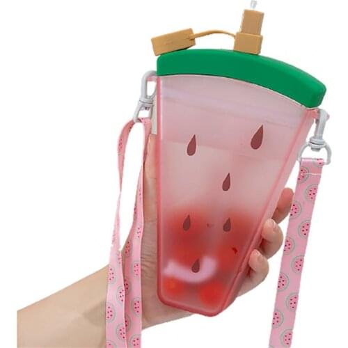 320ml Water Bottles Portable Plastic Bottles Large Capacity Hanging Band Fruit Design Watermelon Plastic Strap Straw Water Cup