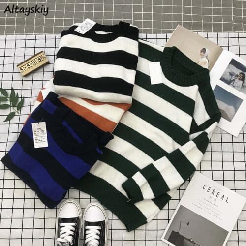 Striped Pullovers Women Panelled Japanese Style Chic Trendy Popular Leisure BF Unisex Couple Streetwear Harajuku College Female